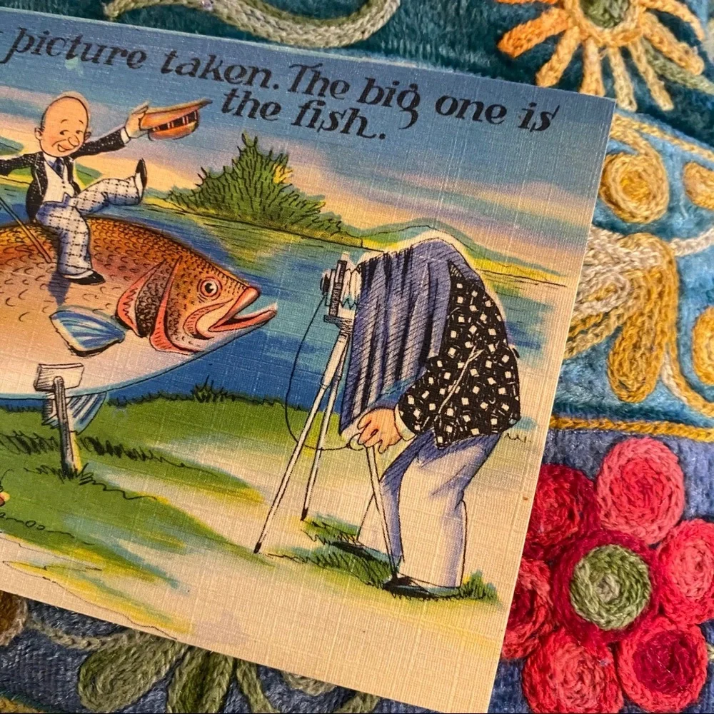 Vintage 1940’s Humor Fishing Postcard , Linen Postcard, Vintage Humor, Unused